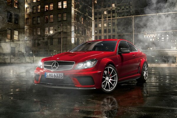 Red Mercedes on the basketball court