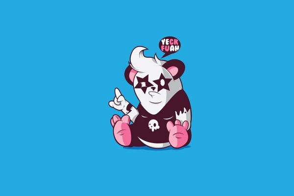 Panda con camiseta negra sobre fondo azul