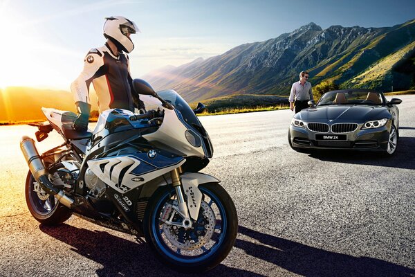 Motorcycle and bmw car