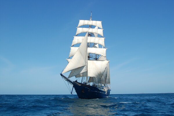 Voilier à deux mâts avec voiles blanches sur fond de mer bleue et ciel bleu clair