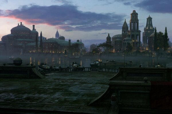 Evening in an ancient city on the shore of a reservoir