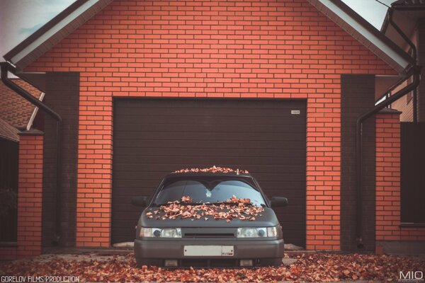 Foto coche en hojas de otoño