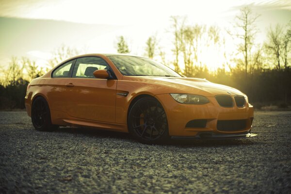 Auto BMW di colore giallo sullo sfondo della natura