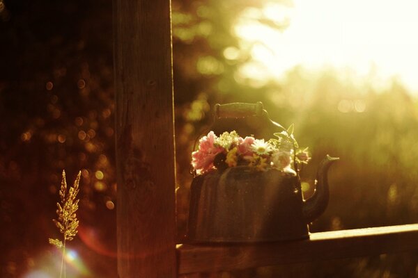 Rustikale Teekanne und Wildblumen an einem sonnigen Morgen