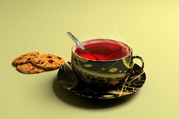 Tasse de thé avec des biscuits sur fond Uni