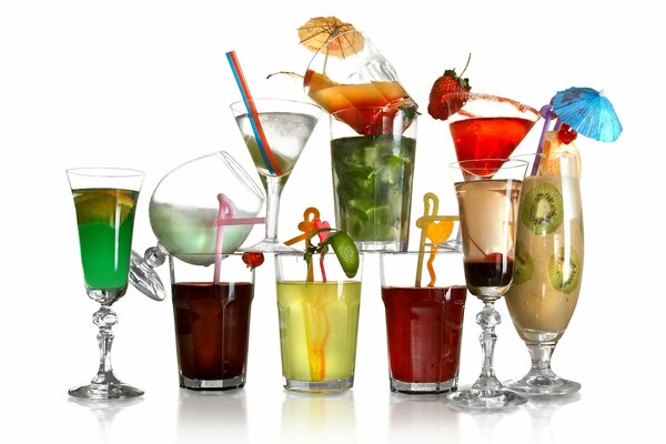 Fruit cocktails on a white background. Assorted