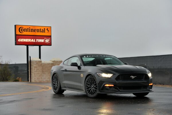 Ford Mustang on the road in the rain