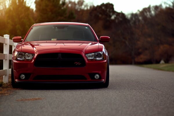 The red car is on the road