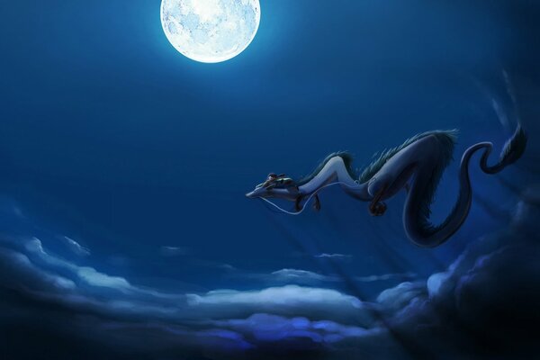 A girl on a snake on a moonlit night