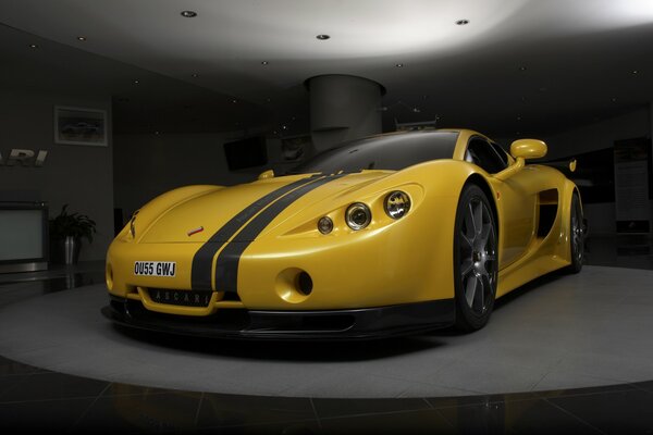 The supercar is in the garage on the platform
