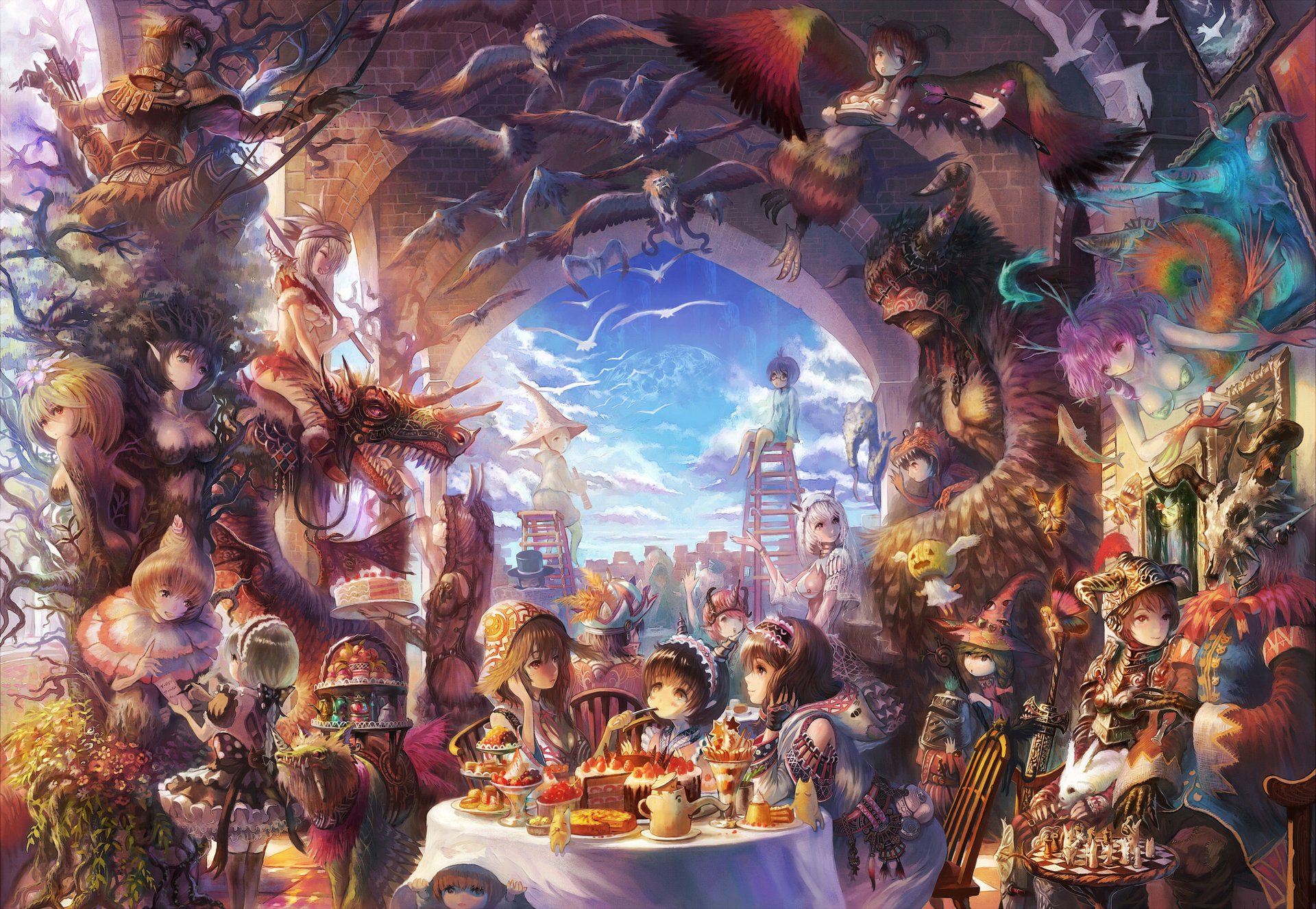 anime tales fantasy heroes tale friends table lunch feast arch magic drawings children