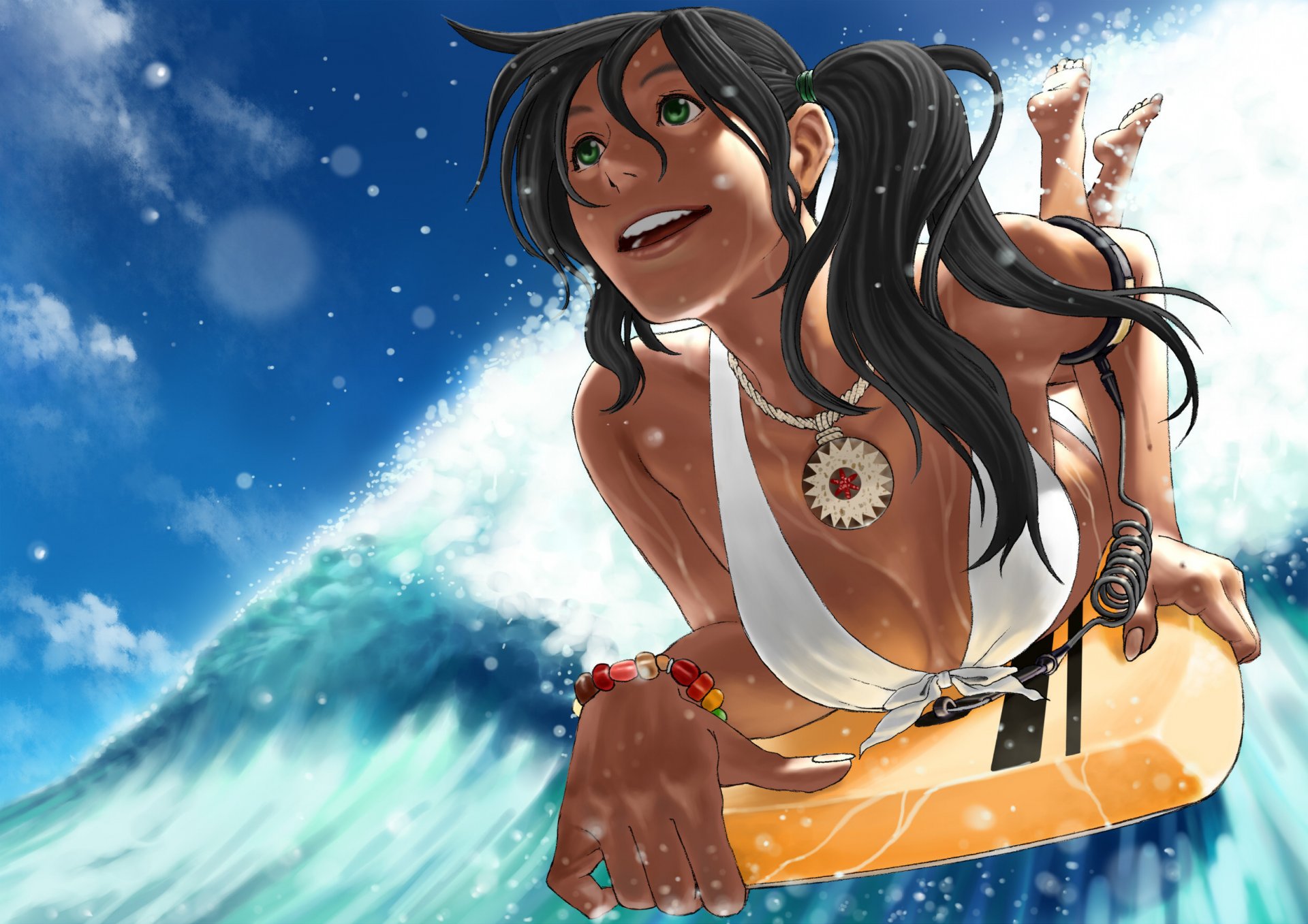 anime joy-a waves-a surfing board girl waves sea girls drawings pendant amulet talisman white swimsuit chest neckline green eyes long hair girls-a face-a eyes-a chest-a smile-a water-a sky-a