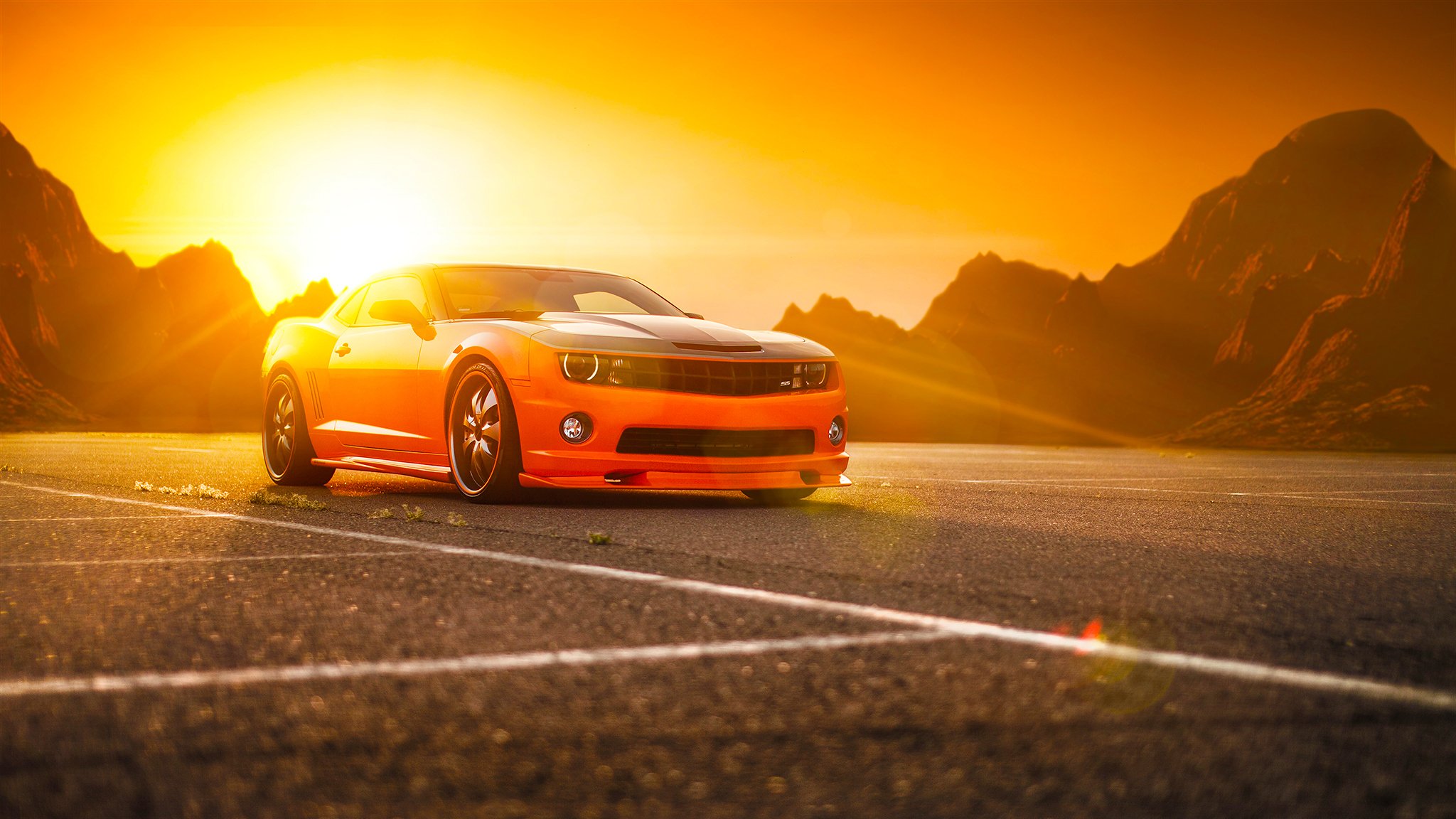 chevrolet camaro ss orange muskeln auto räder tuning sonne breite vorne macht