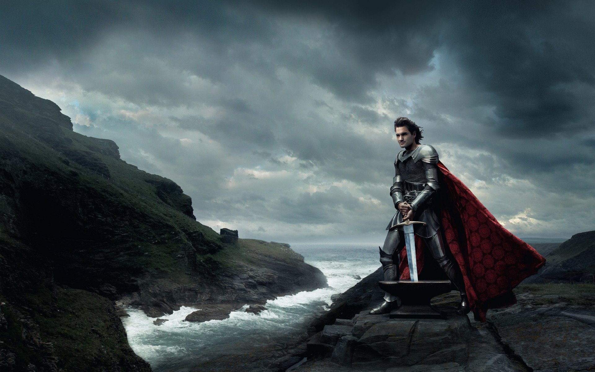 king arthur tennis player roger federer the middle ages sea clouds mountains armor weapons cloak mediocrity overcast wave surf the sky knight