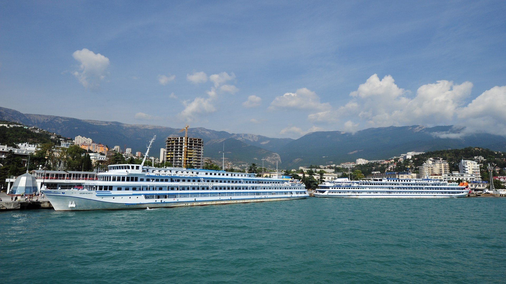 crimea yalta ships sea mountains clouds pier the sky coast transport