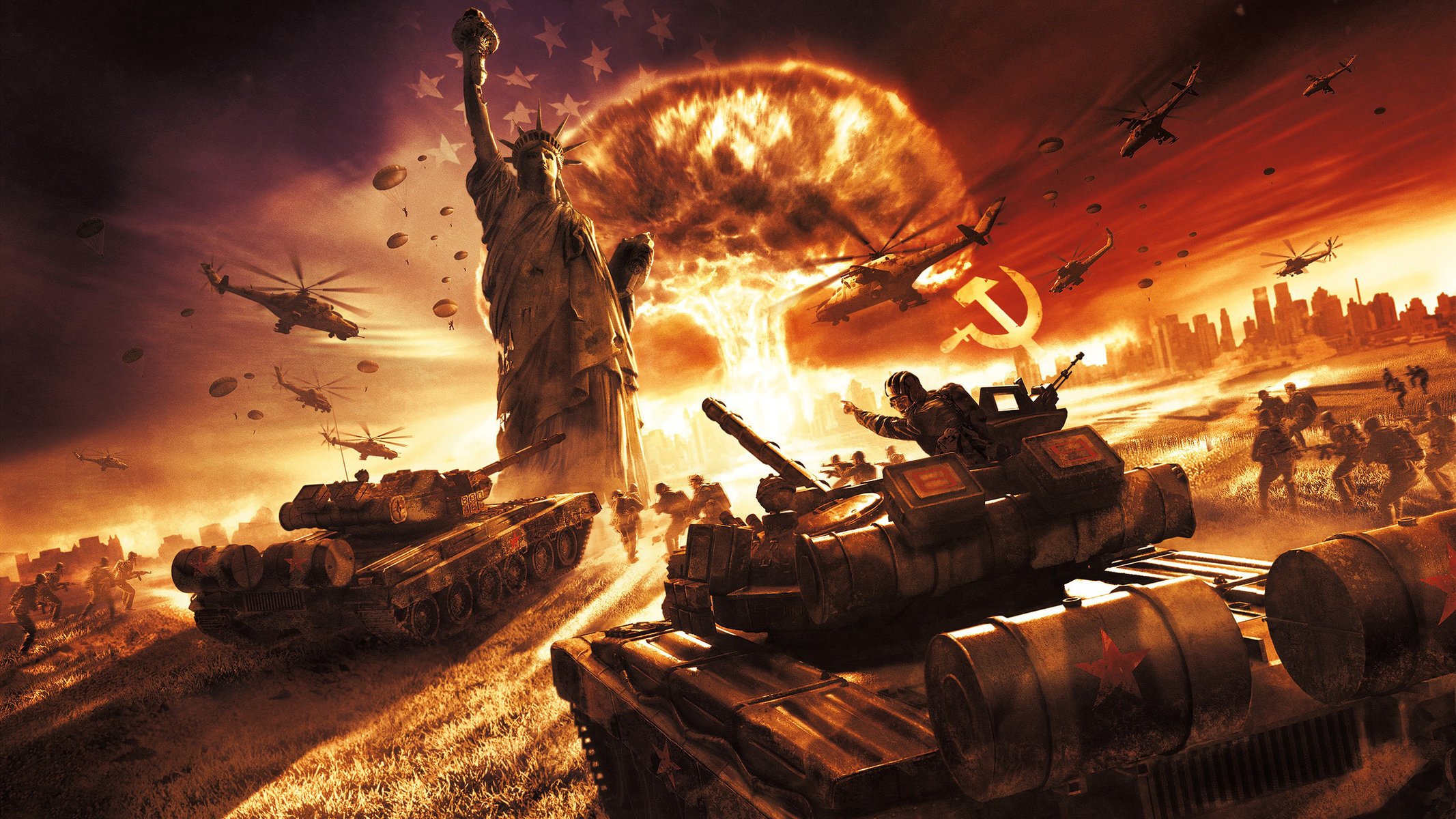 panic bloody sky ussr war technique troops victory chaos the explosion helicopters soldiers barrel equipment tanks earth the statue of liberty fire military equipment game