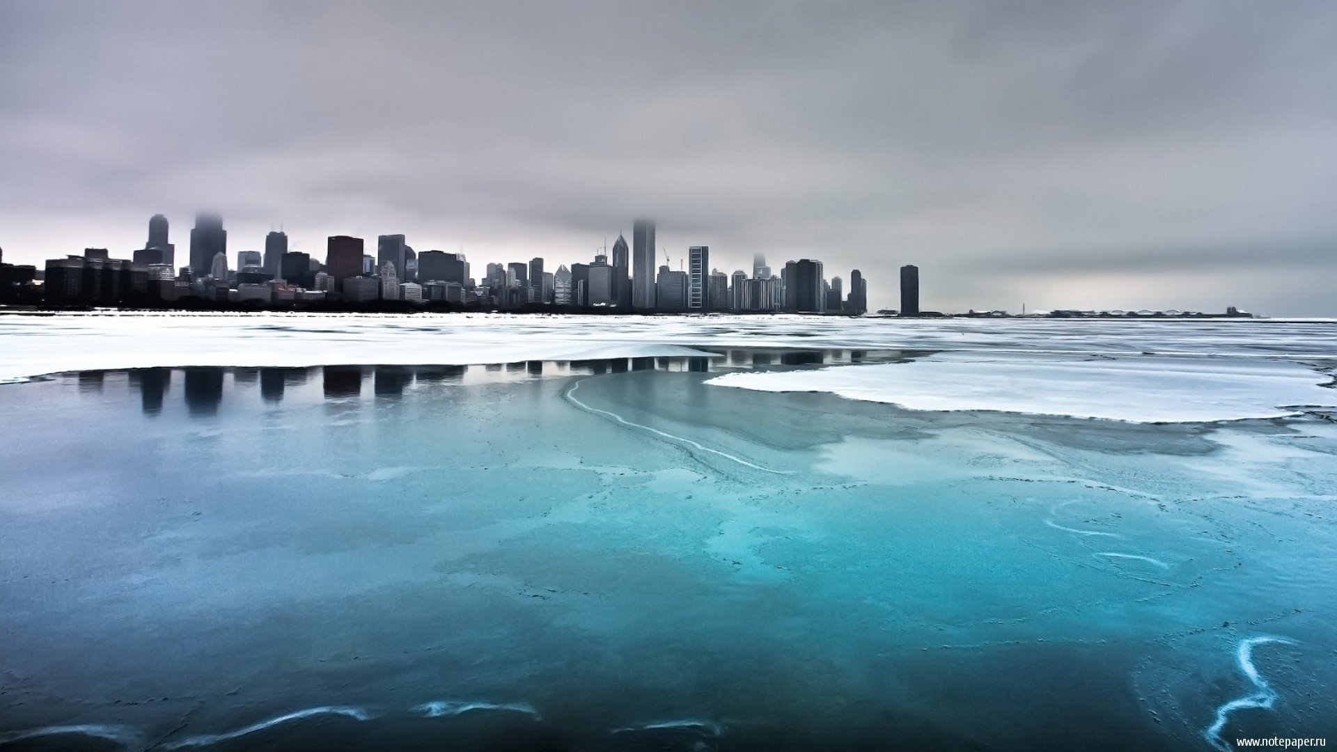 ciudad metrópolis invierno chicago lago hielo cielo agua rascacielos niebla nubes