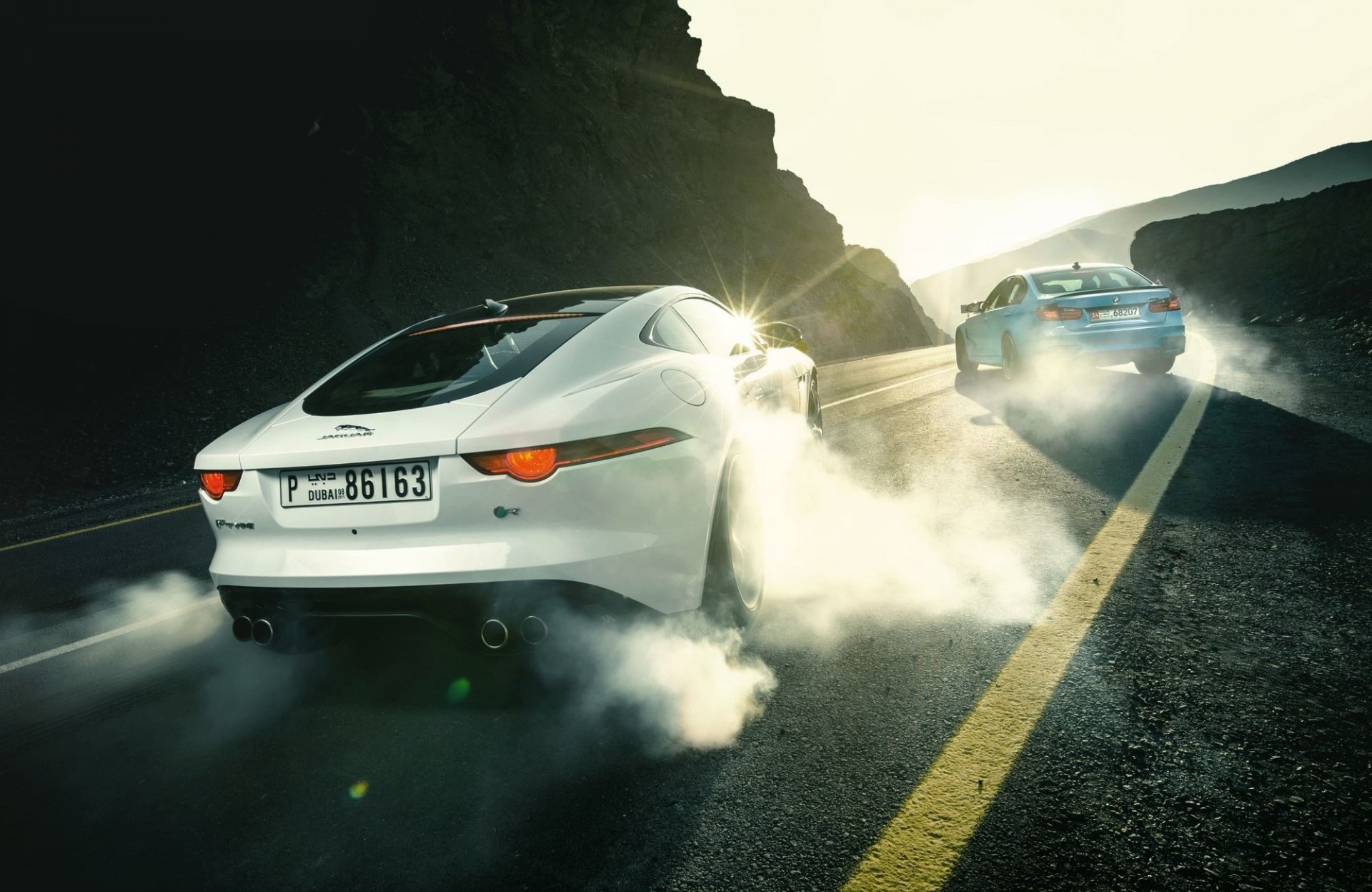 jaguar f-type r bmw m3 smoke drifting sports cars rear