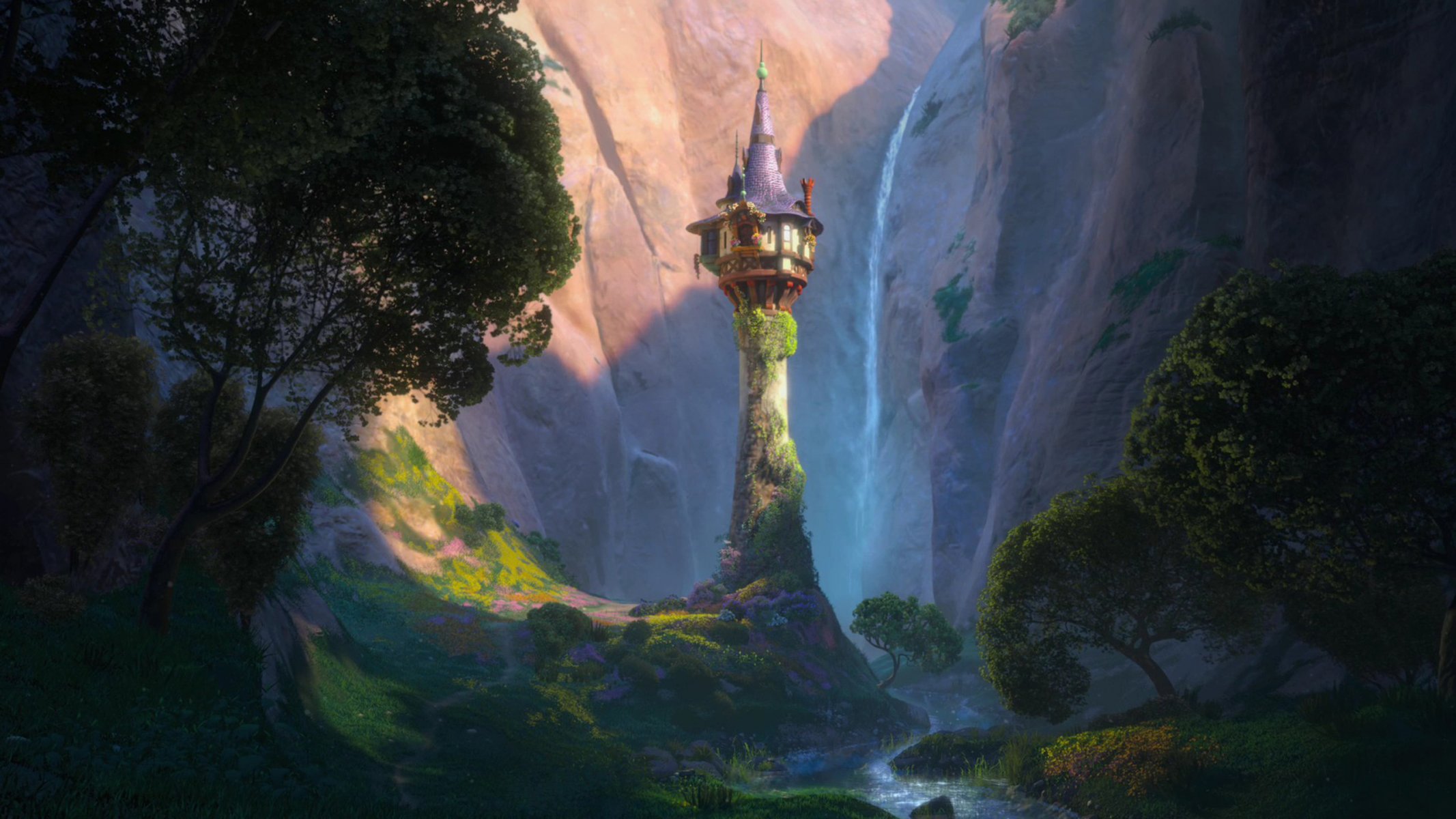 prinzessin rapunzel rapunzel verworrene geschichte tangled berge hügel cartoon wald bäume fluss wasserfall natur säule hütte zeichnungen anime