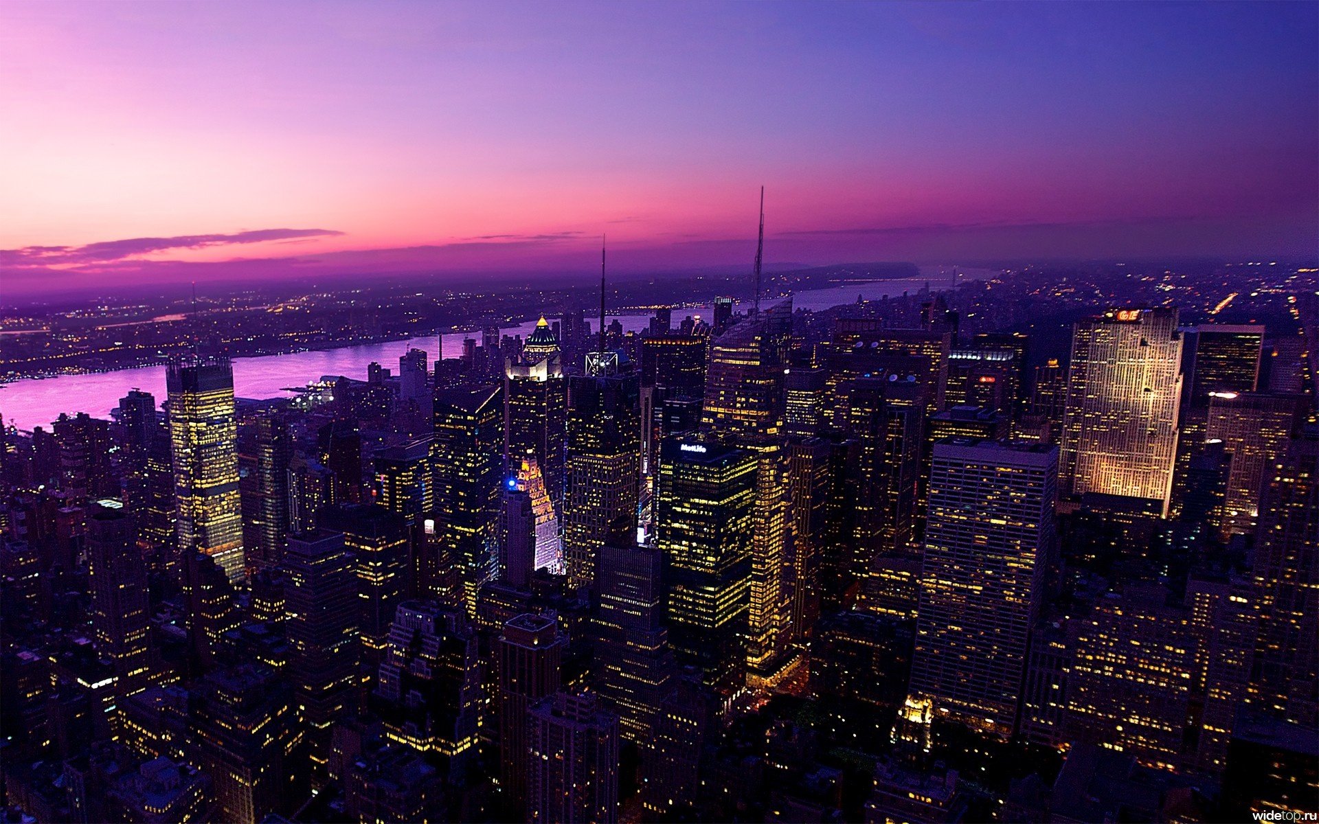 new york gratte-ciel ville ciel rivière lumières ciel rose métropole nuit ciel nocturne lumières de la ville