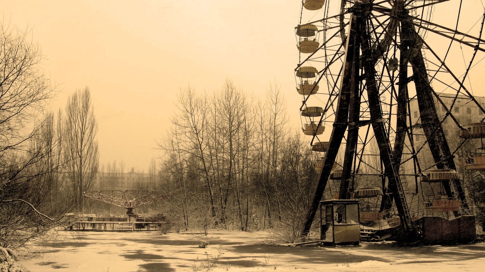 putain de roue endroit désert tchernobyl pripyat zone gris forêt attractions neige hiver ville fille solitude