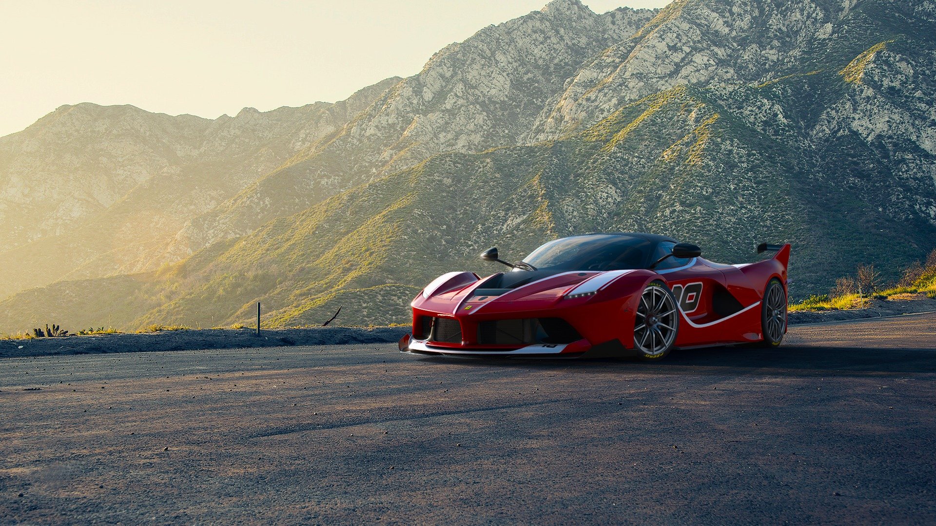 ferrari fxx k race supercar red sun sunset moutian road front