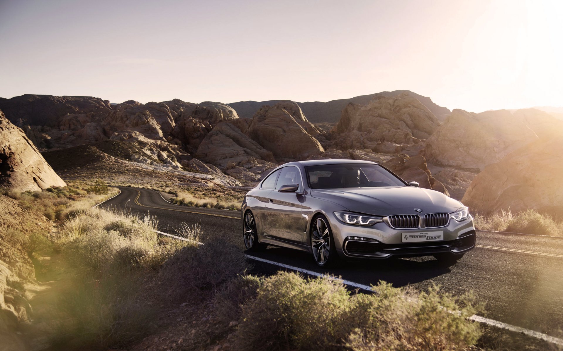 bmw série 4 auto voiture bmw argent gris éblouissement route désert concept