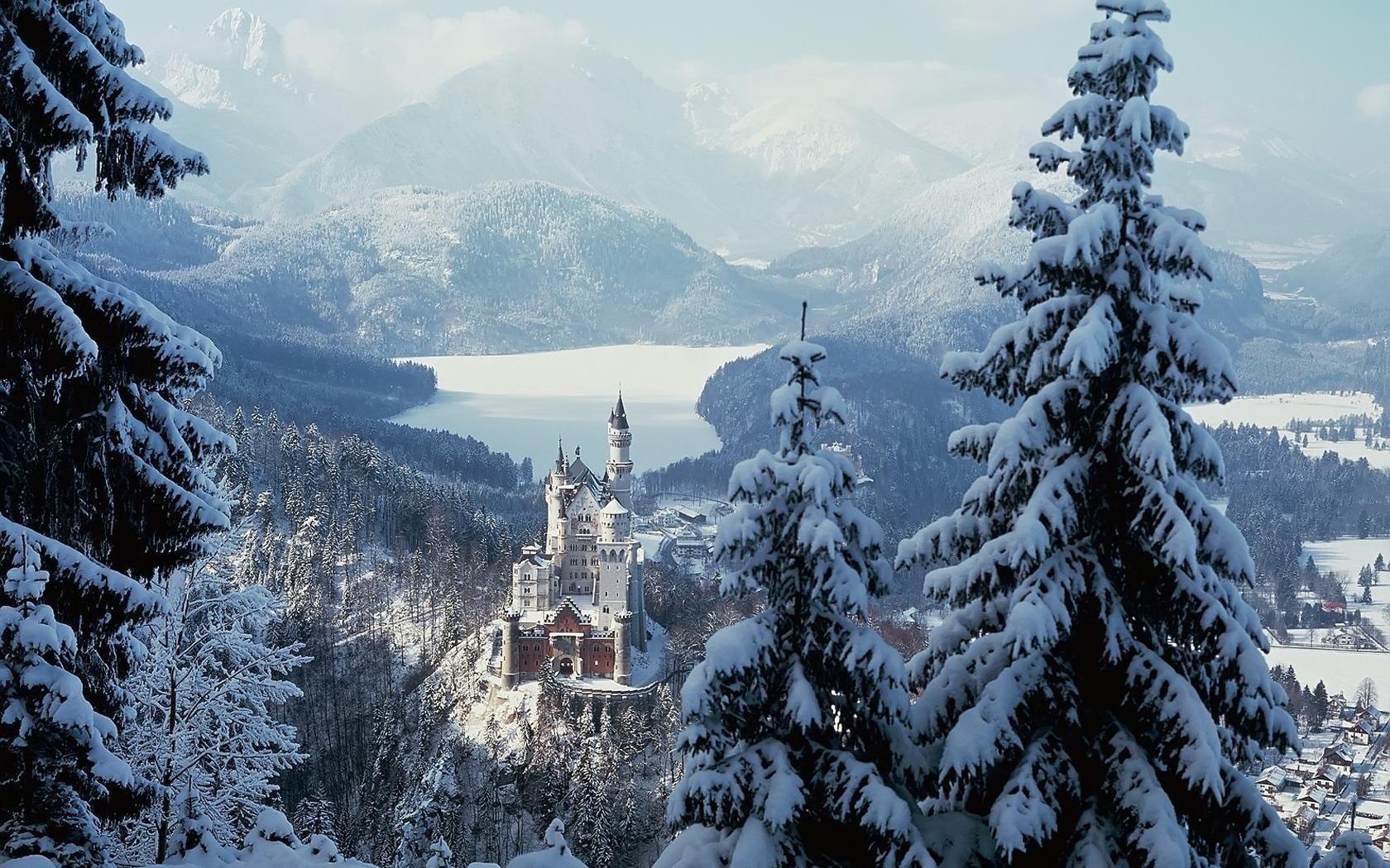 hiver montagnes arbres de noël neige vue bavière château lac dans les montagnes arbres enneigés paysage beauté givre