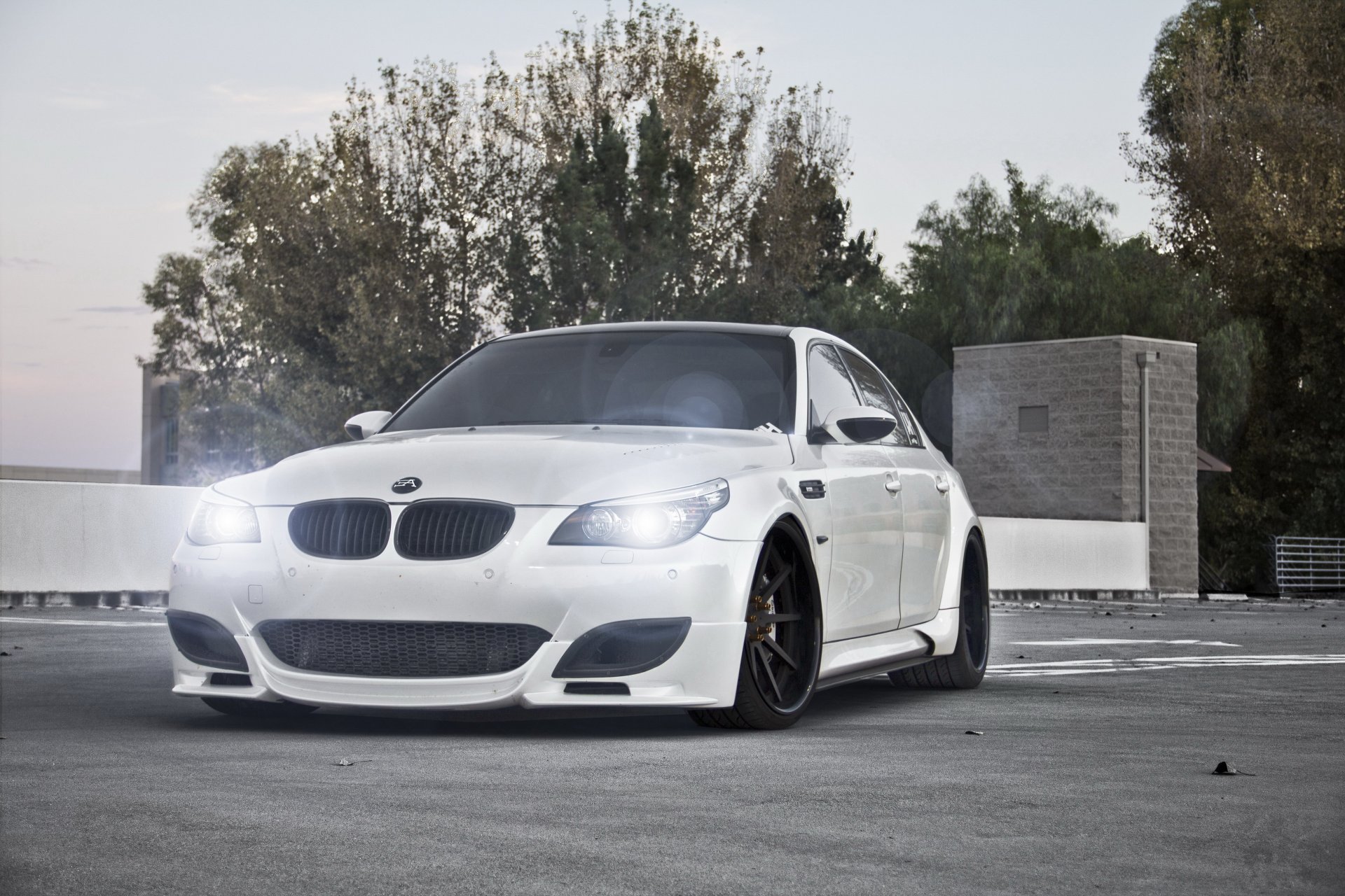 bmw m5 e60 bianco bmw fari luce alberi