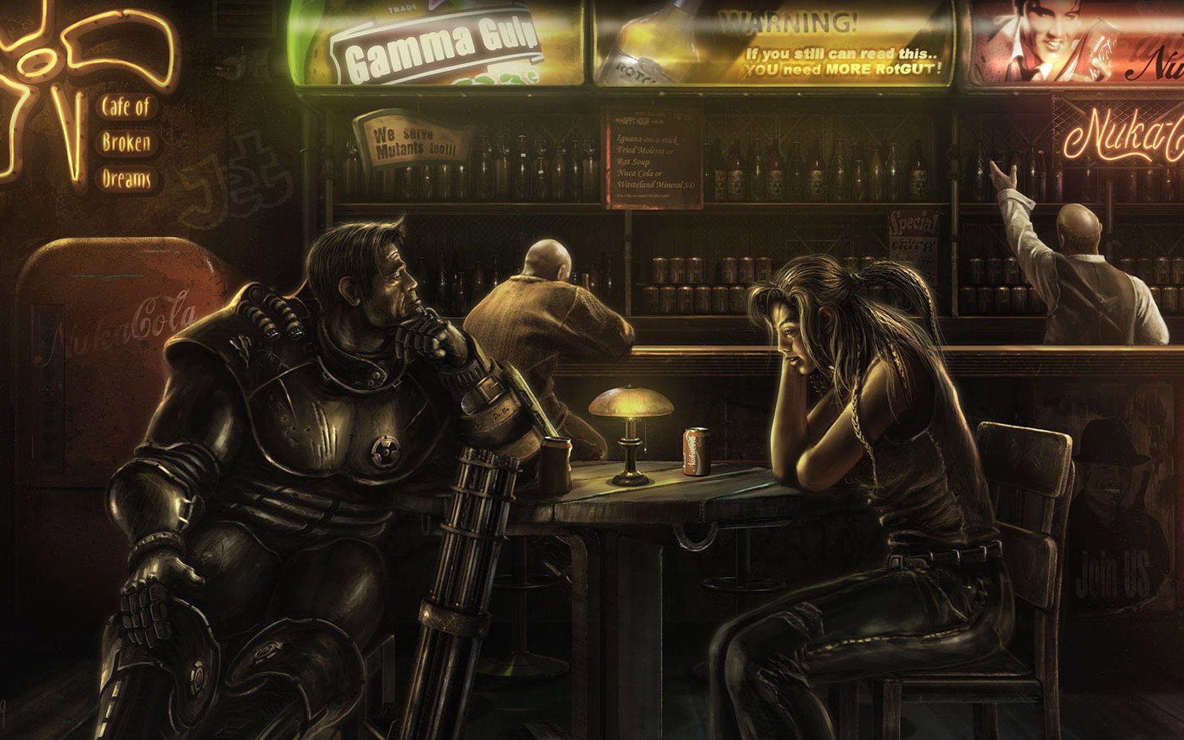 fallout minigun cafe of broken dreams arte hombre bar mujer juego bebida mesa arma lámpara