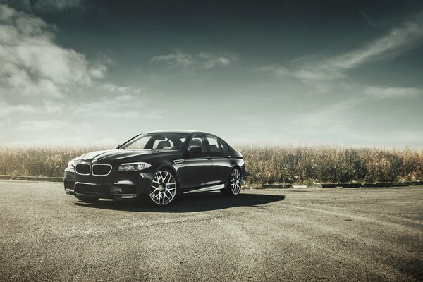 Hermoso negro BMW M5 en el asfalto