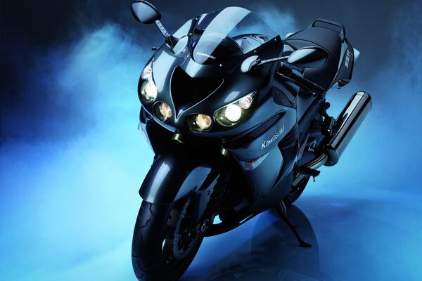 Motorcycle-motorbike with the headlights on. Hi-tech photo design