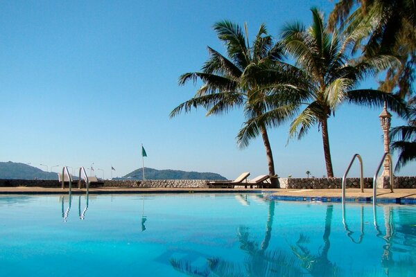 Vista de lujo: sol, piscina, palmeras, rocas, montañas y árboles