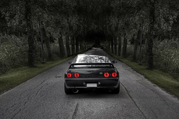 Black Nissan car on the road in the forest