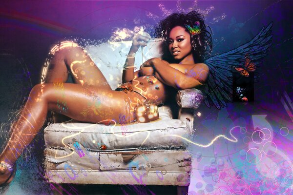 A dark-skinned mulatto sits seductively on a chair. Art design