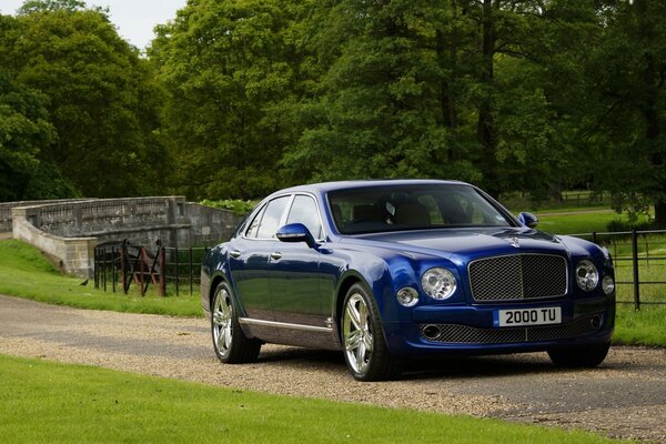 Blauer Perlmutt-Bentley auf Parkhintergrund