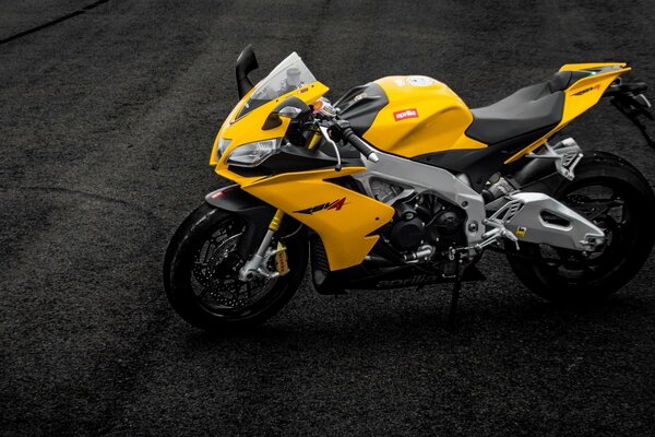 Yellow aprilia motorcycle on black asphalt