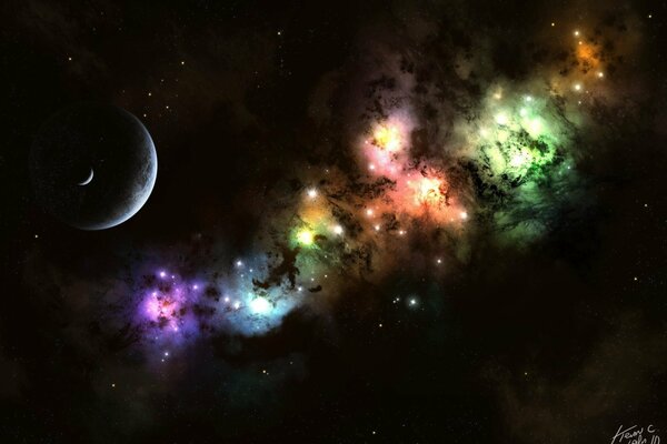 Galassie cosmiche multicolori sullo sfondo del pianeta