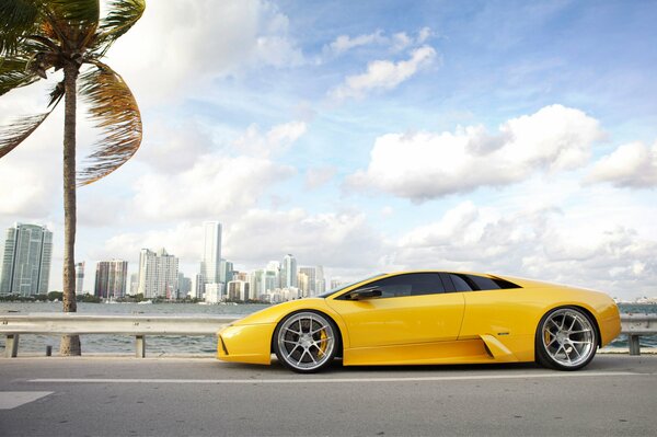 Yellow lamborghini rides on the road