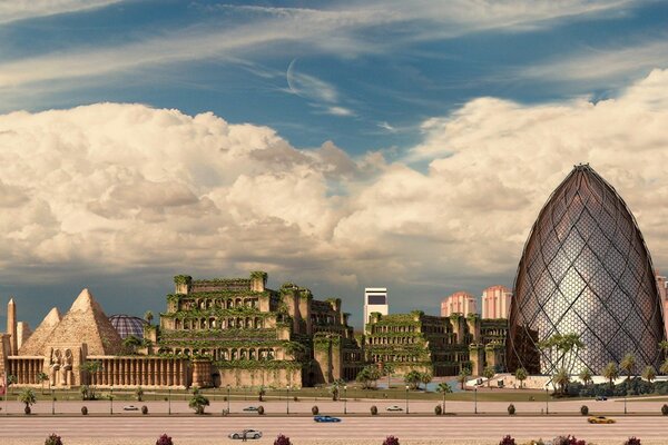 Buildings against a background of white clouds