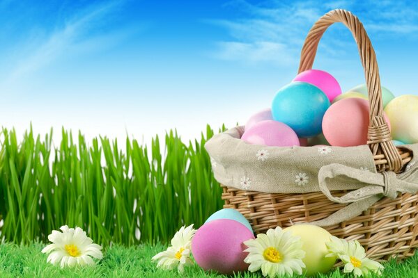 Easter eggs in a basket on the lawn