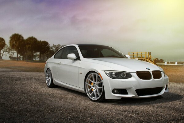 Blanco BMW en la naturaleza en un hermoso ángulo