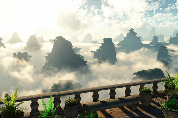 View from the balcony to the misty peaks of the mountains