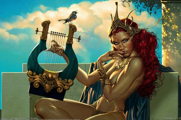 A red-haired girl with bare breasts and a harp