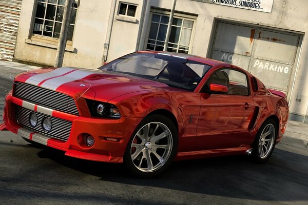 Red car with grey stripes