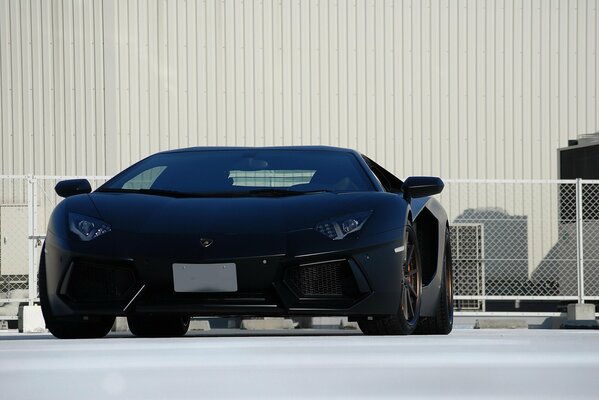 Superbe voiture Lamborghini mat noir, sur fond de mur blanc