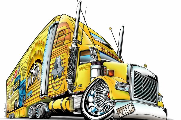 Arte de un camión amarillo brillante sobre un fondo blanco