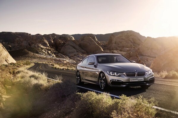 Un auto fresco de la marca BMW corriendo por una carretera desierta