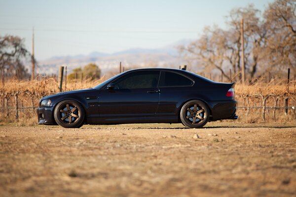 Black BMW in profile in nature