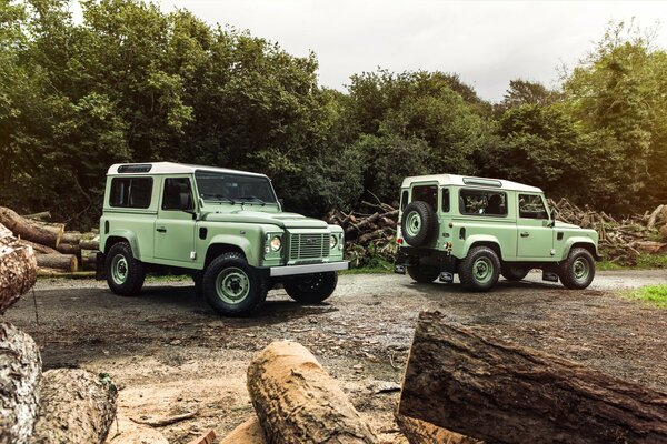 Two land rover cars in nature